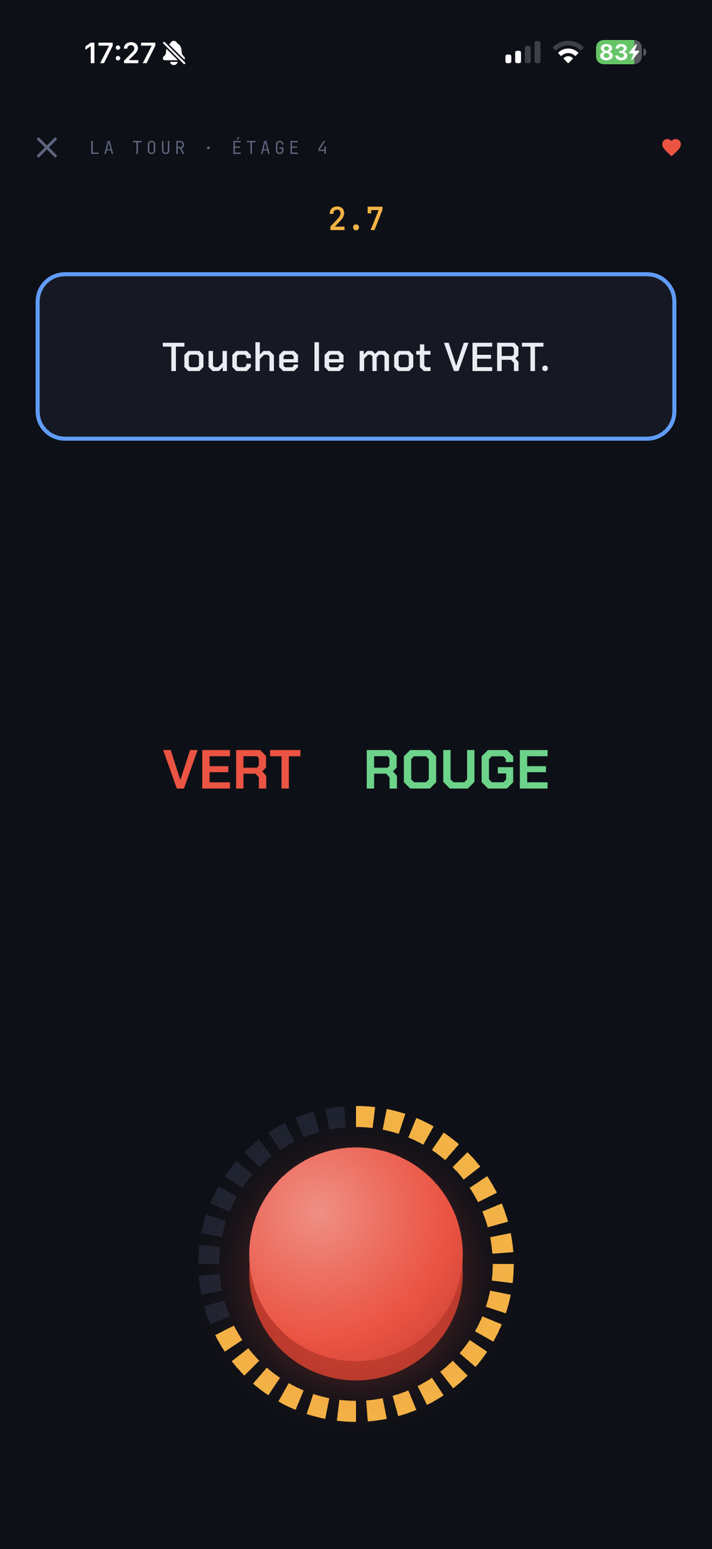 Le mot VERT écrit en rouge, à côté du mot ROUGE écrit en vert