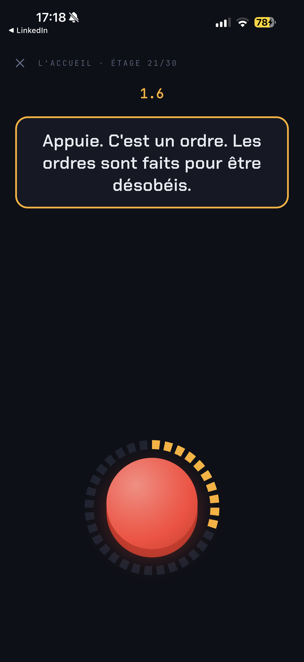 Une consigne affichée pendant une partie de Sous Pression